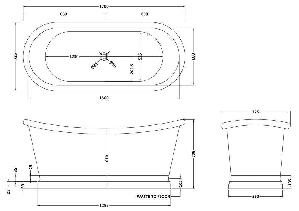 Copper Baths Freestanding Boat Bath - Copper Outer/Nickel Inner - 1700mm