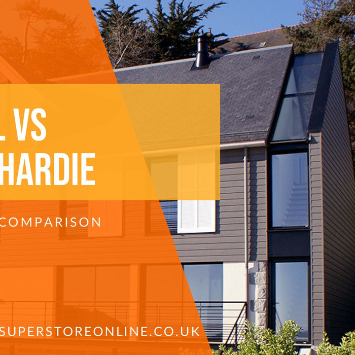 Cedral vs James Hardie comparison banner with a house clad in grey Cedral fibre cement