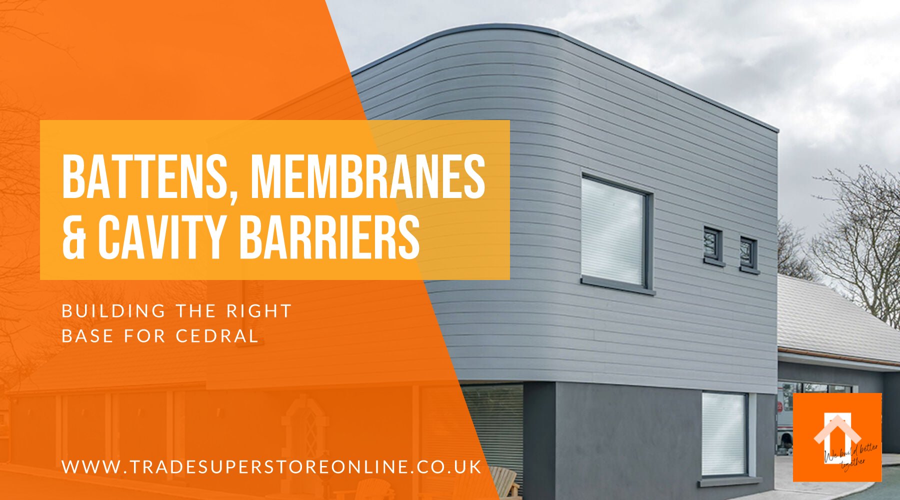 Battens, membranes and cavity barriers banner with a curved building clad in grey Cedral