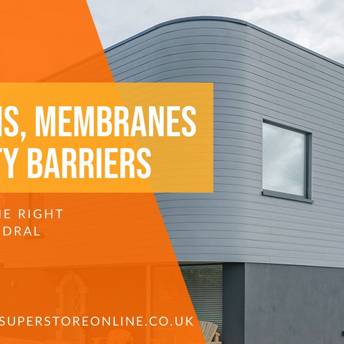 Battens, membranes and cavity barriers banner with a curved building clad in grey Cedral