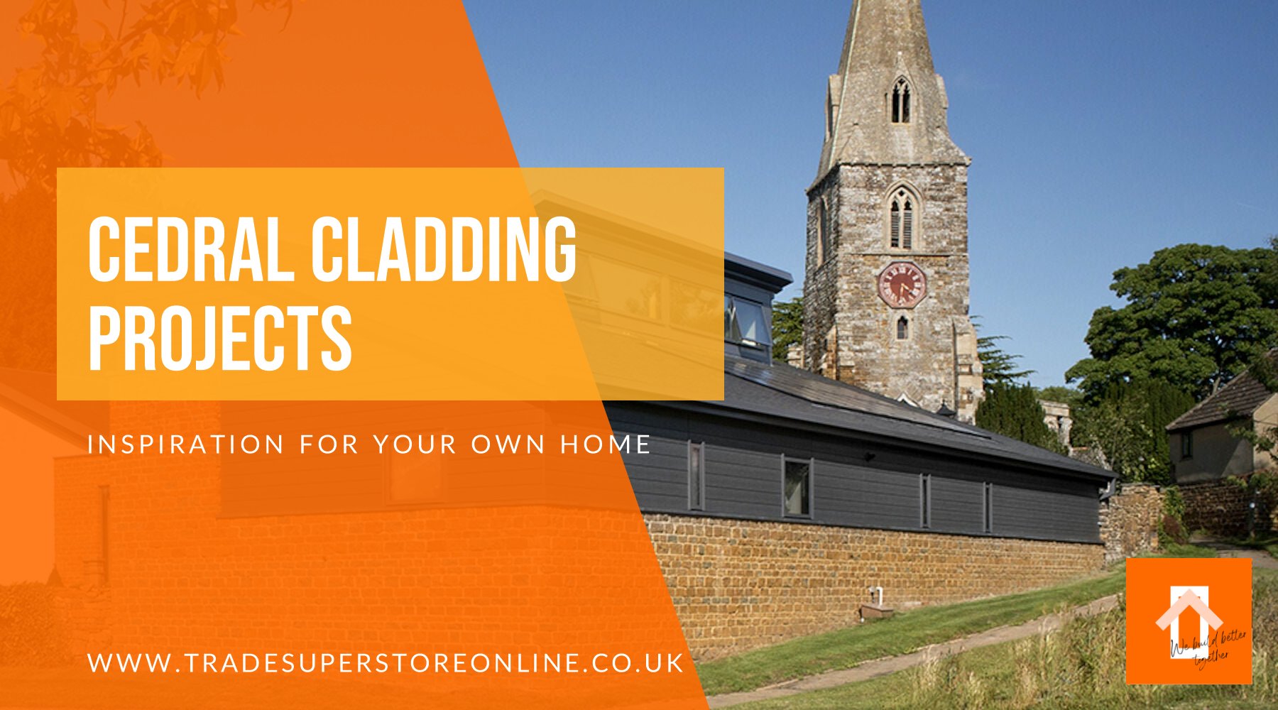 Cedral cladding projects banner with a home clad in dark Cedral weatherboard beside a church