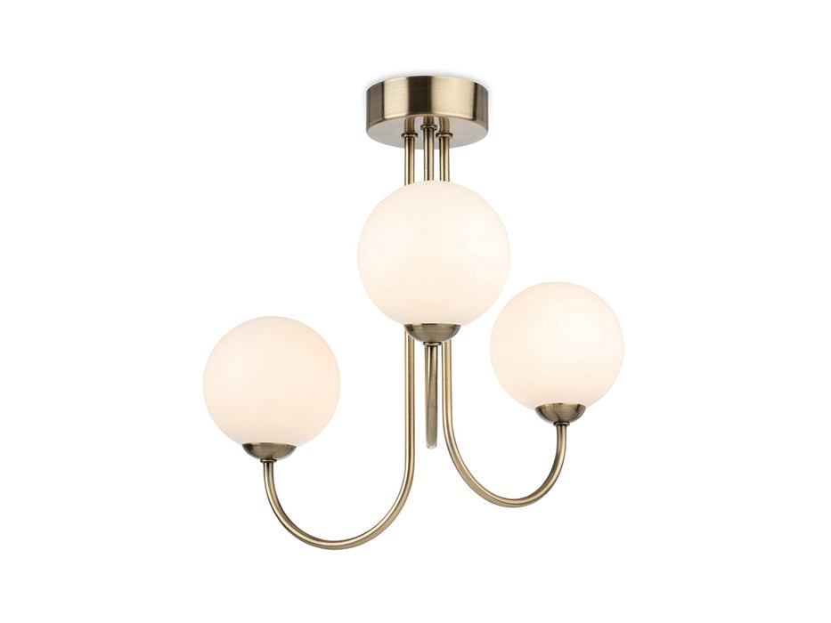 Lyndon 3 Light Flush Ceiling Fitting - Antique Brass with Opal White Glass