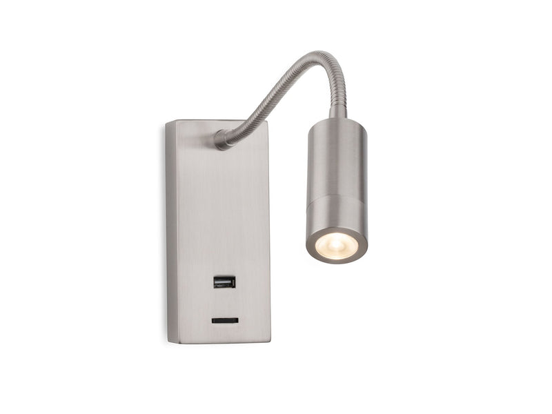 Clifton LED Flexi Wall Light with USB Port - Brushed Steel