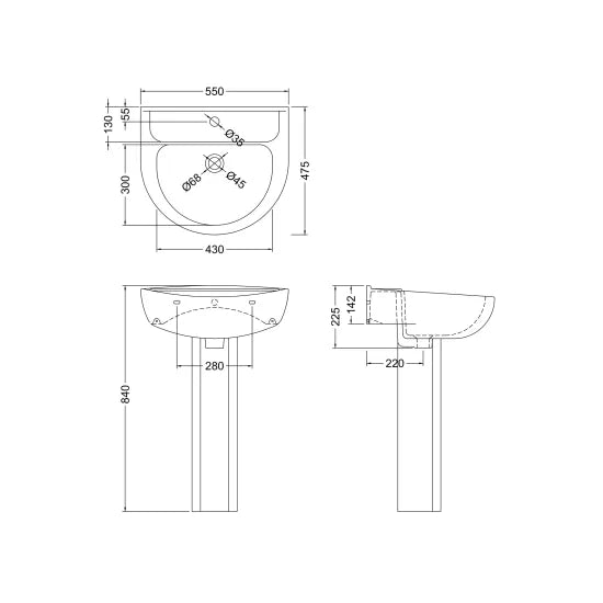 Arley Pro Biab Trade 550mm 1 Tap Hole Ceramic Basin & Pedestal