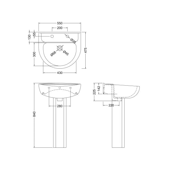 Arley Pro Biab Trade 550mm 2 Tap Hole Ceramic Basin & Pedestal