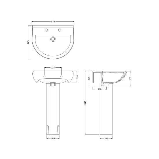 Arley Pro Biab Original 550mm 2 Tap Hole Basin & Pedestal