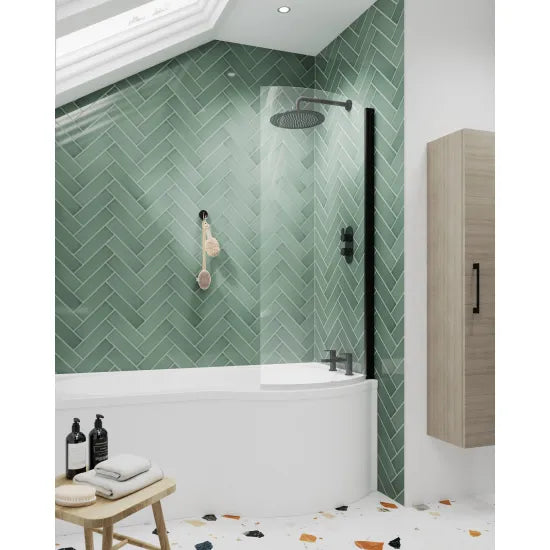 Synergy Vodas 6 Matt Black P Shape Hinged Bath Screen