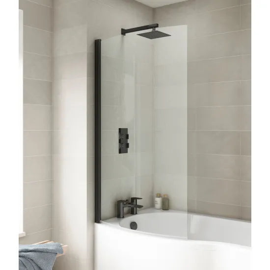 Synergy Vodas 6 Matt Black P Shape Hinged Bath Screen