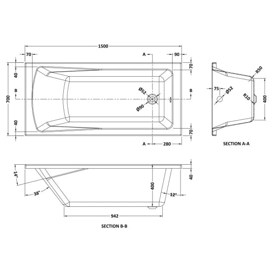 Arley Pro Blanc 1500mm Square Single Ended Bath