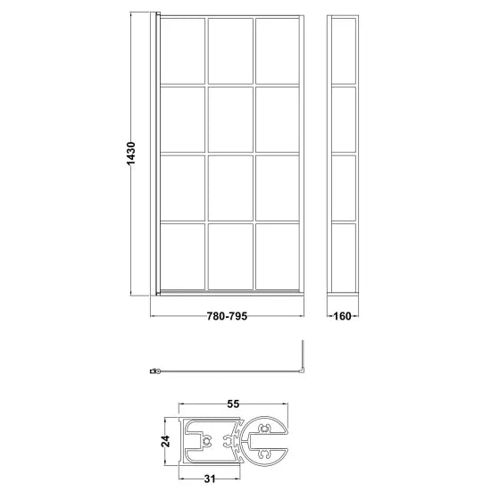 Synergy Vodas 6 Matt Black L Shape Matrix Hinged Bath Screen With Fixed Return