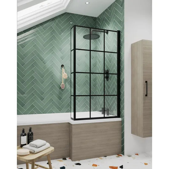 Synergy Vodas 6 Matt Black L Shape Matrix Hinged Bath Screen With Fixed Return