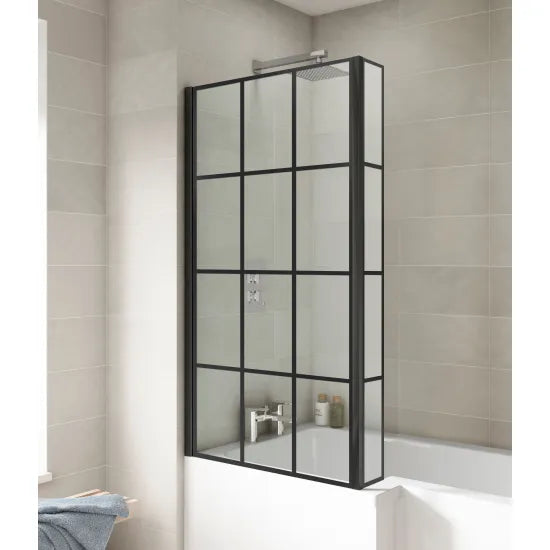 Synergy Vodas 6 Matt Black L Shape Matrix Hinged Bath Screen With Fixed Return