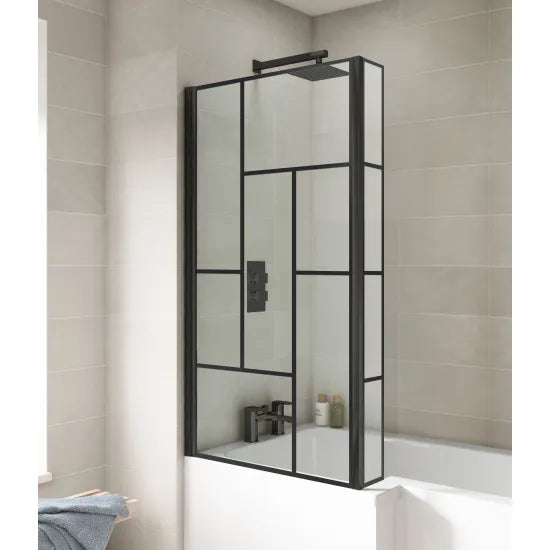 Synergy Vodas 6 Matt Black L Shape Matrix Hinged Bath Screen With Fixed Return