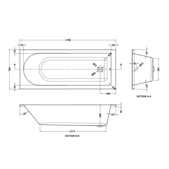 Arley Pro Cascade 2 1700 x 700mm Single Ended Bath