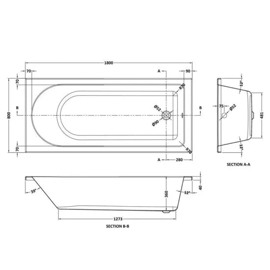 Arley Pro Cascade 2 1800 x 800mm Single Ended Bath