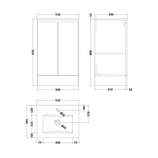 Halite 500mm Gloss White 2 Door Floor Standing Vanity Unit With 1 Tap Hole Basin