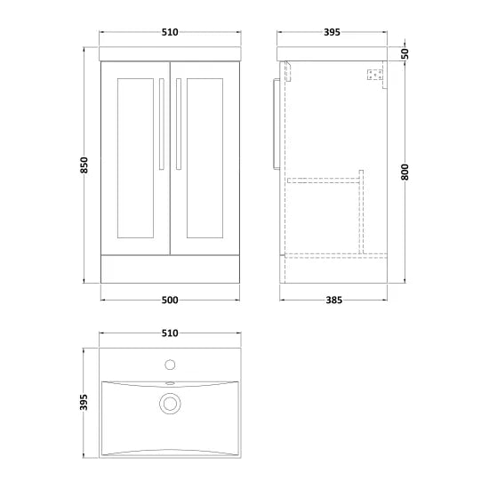 Halite Caralis 500mm Satin White 2 Door Vanity Floor Standing Unit With Thin-Edge Basin