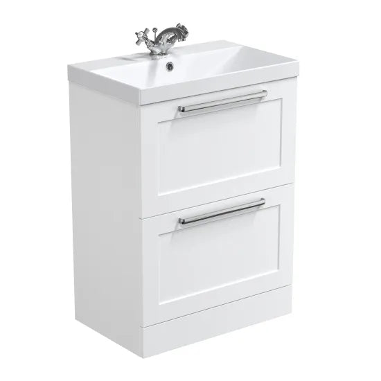 Halite Caralis 600mm Satin White 2 Drawer Floor Standing Vanity Unit With Thin-Edge Basin