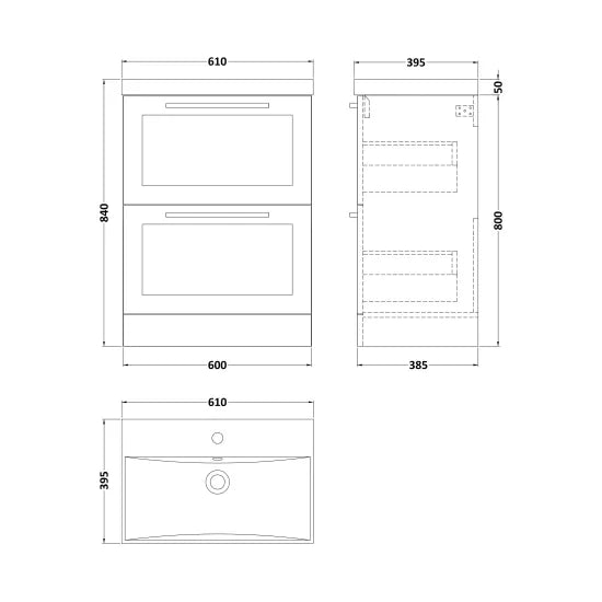 Halite Caralis 600mm Satin White 2 Drawer Floor Standing Vanity Unit With Thin-Edge Basin