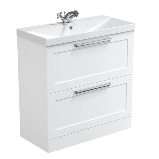 Halite Caralis 800mm Satin White 2 Drawer Floor Standing Vanity Unit With Thin-Edge Basin