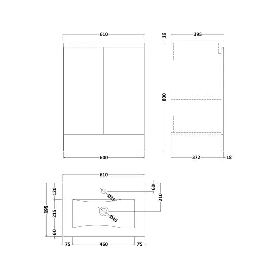 Halite 600mm Matt Grey 2 Door Floor Standing Unit With 1 Tap Hole Basin