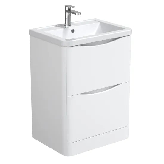 Halite Larisa 600mm Satin White 2 Drawer Floor Standing Vanity Unit With Curved Basin