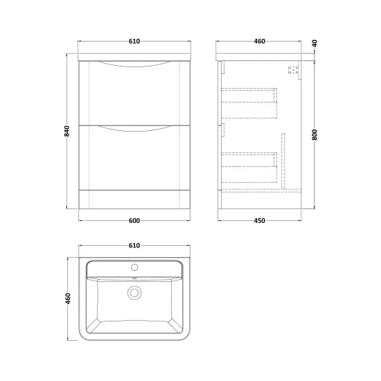 Halite Larisa 600mm Satin White 2 Drawer Floor Standing Vanity Unit With Curved Basin
