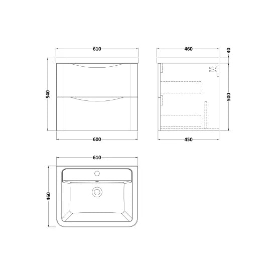 Halite Larisa 600mm Satin White 2 Drawer Wall Hung Vanity Unit With Curved Basin