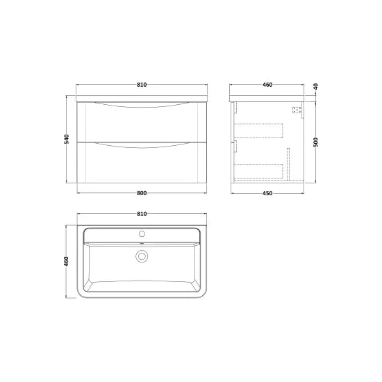 Halite Larisa 800mm Satin White 2 Drawer Wall Hung Vanity Unit With Curved Basin