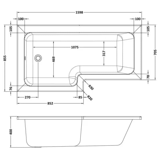 Arley Pro 1600mm L-Shaped Left-Hand Shower Bath & Side Panel