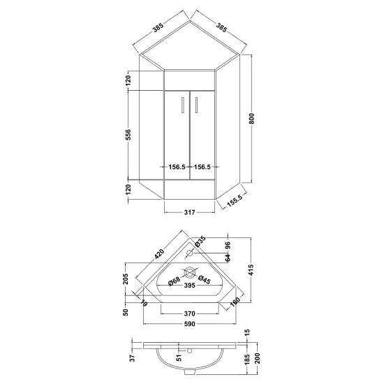 Arley Pro Kass 400mm Gloss White 2 Door Corner Standing Unit & Basin