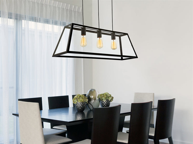 Kew 3 Light Pendant - Black with Clear Glass