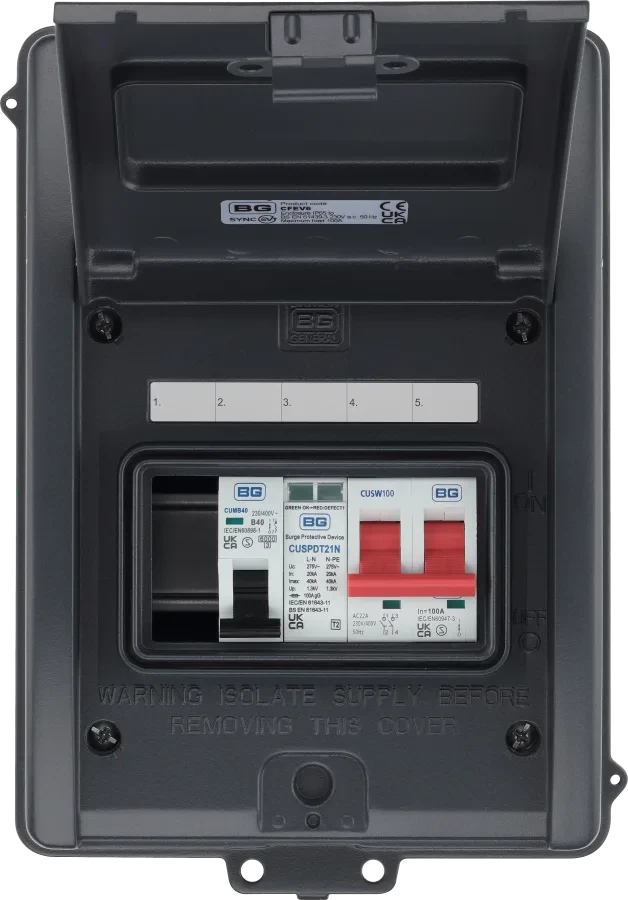 Sync Energy Weatherproof Ip65 Grey 5 Module Populated EV Kit Complete With 100A Main Switch 40A MCB Type 2 SPD