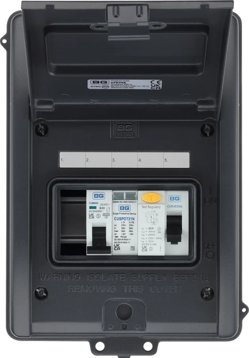 EV Consumer Unit in Grey with 5 modules including T2 SPD, 40A Type A RCD and 40a MCB