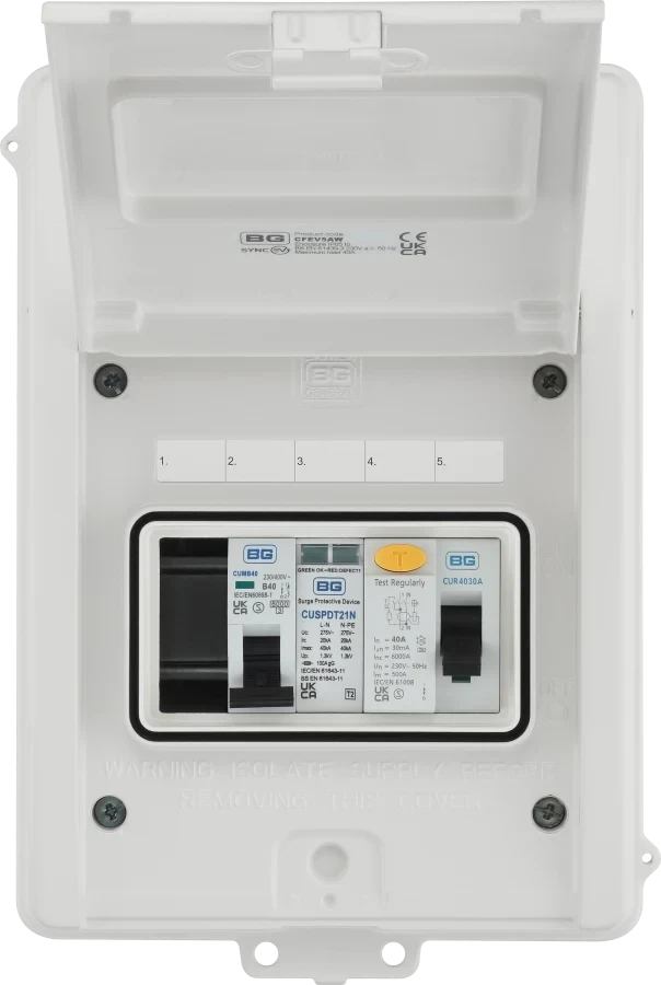 EV Consumer Unit in White with 5 modules including T2 SPD, 40A Type A RCD and 40A MCB