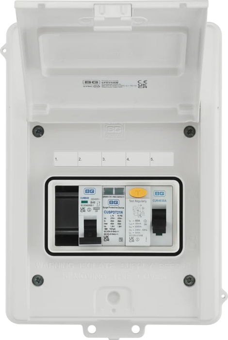 EV Consumer Unit in White with 5 modules including T2 SPD, 40A Type A RCD and 40A MCB