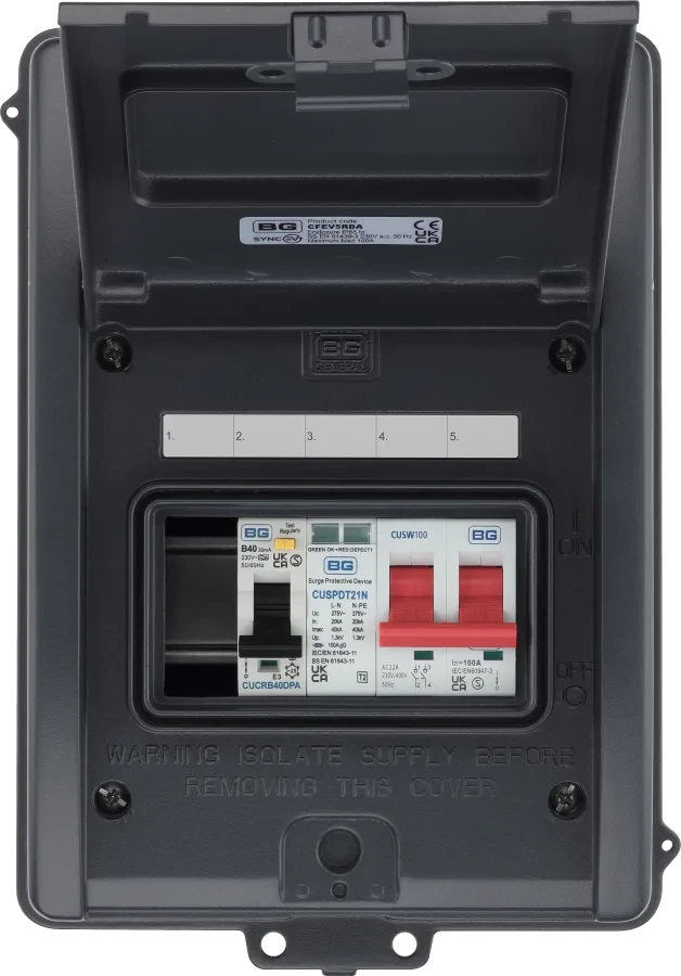 EV Consumer Unit in Grey with 5 modules including T2 SPD, 100a Main Switch and 40A Type A DP RCBO
