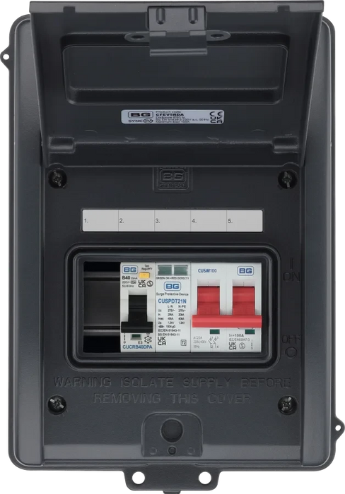 EV Consumer Unit in Grey with 5 modules including T2 SPD, 100a Main Switch and 40A Type A DP RCBO
