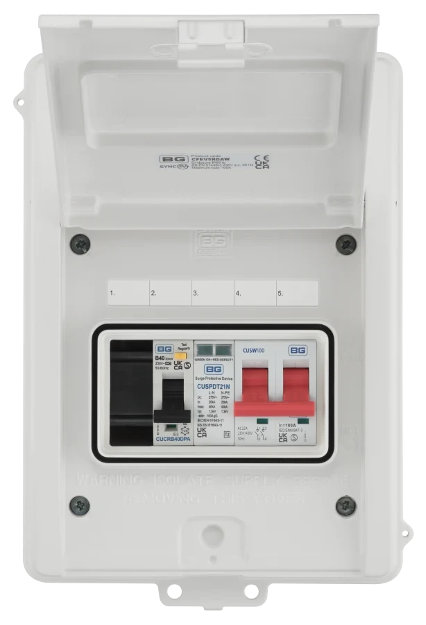 EV Consumer Unit in White with 5 modules including T2 SPD, 100a Main Switch and 40A Type A DP RCBO
