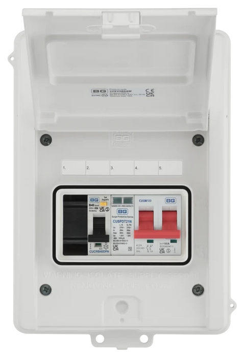 EV Consumer Unit in White with 5 modules including T2 SPD, 100a Main Switch and 40A Type A DP RCBO