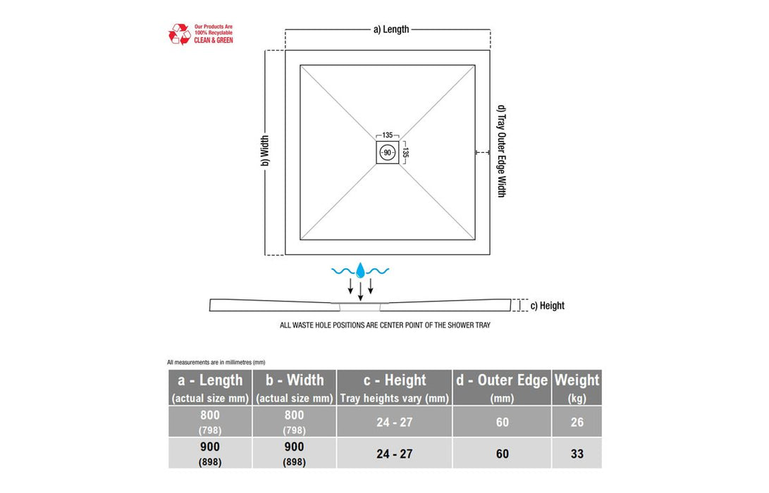 25mm Ultra-Slim 800mm x 800mm Square Tray & Waste