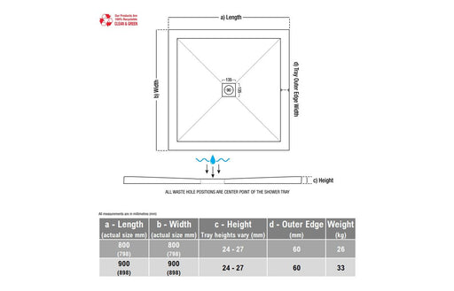 25mm Ultra-Slim 800mm x 800mm Square Tray & Waste