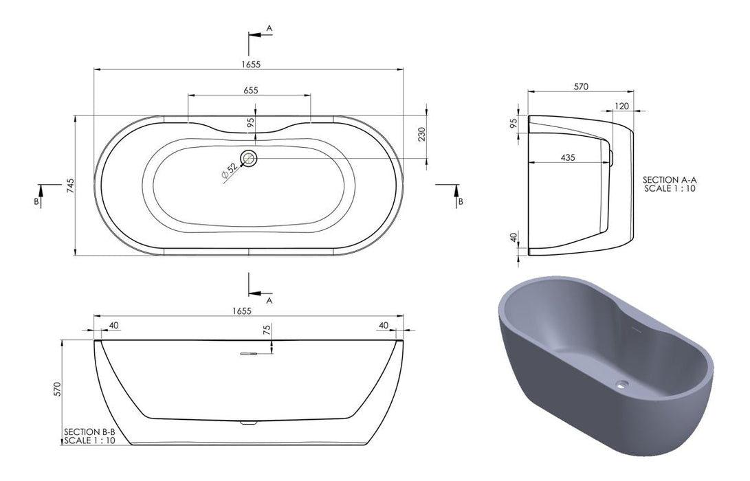//2Go Freestanding 1650x745x580mm 0TH Bath