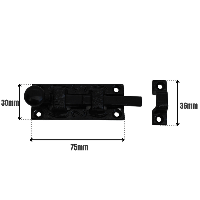 Door Bolt Straight 75mm on Black Antique