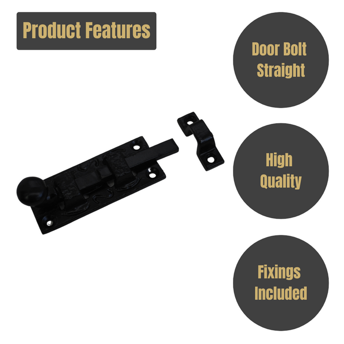Door Bolt Straight 75mm on Black Antique