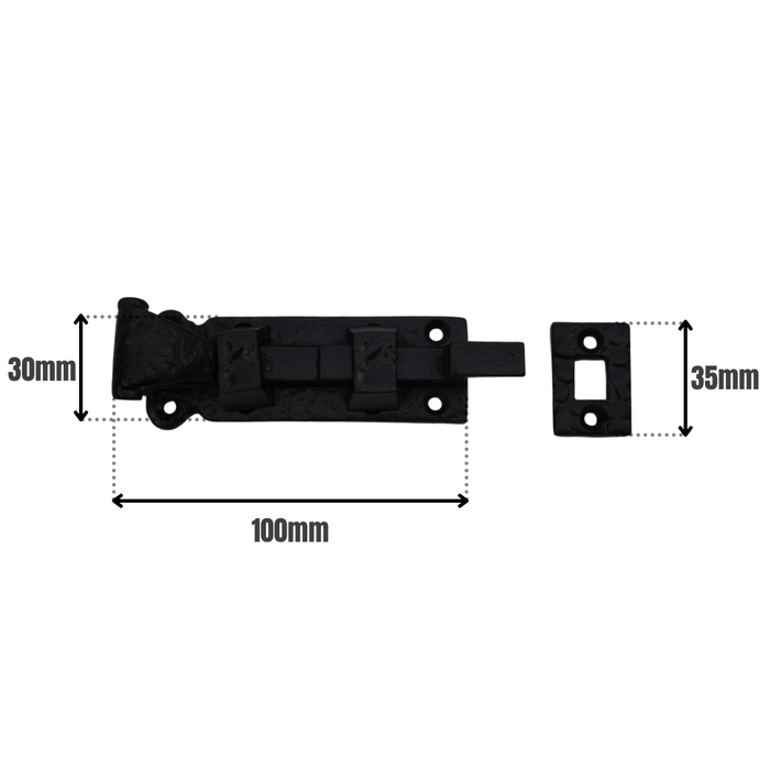 Door Bolt Necked 100mm on Black Antique