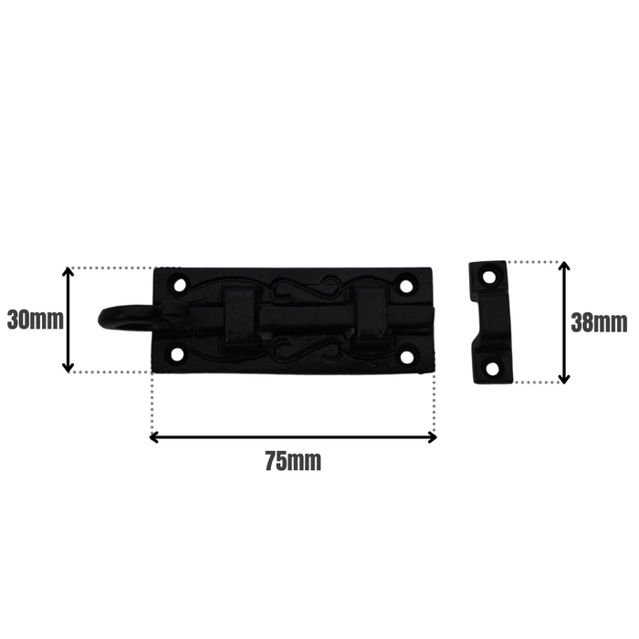 Door Bolt Straight Curly Tail 75mm on Black Antique