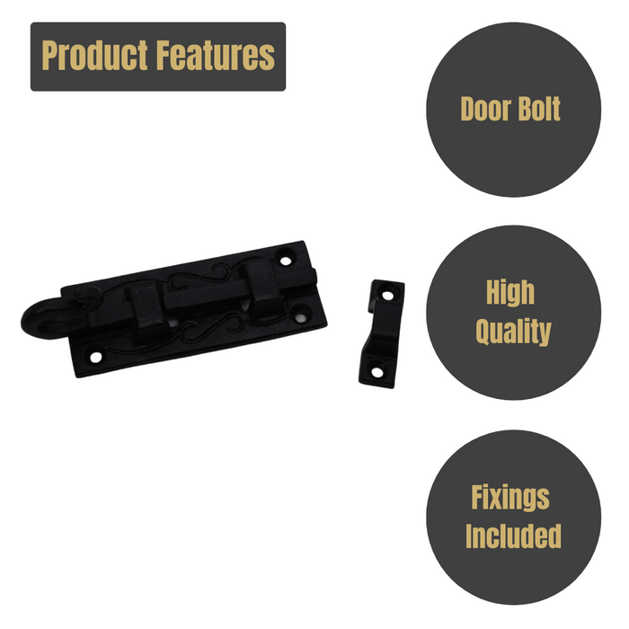 Door Bolt Straight Curly Tail 75mm on Black Antique