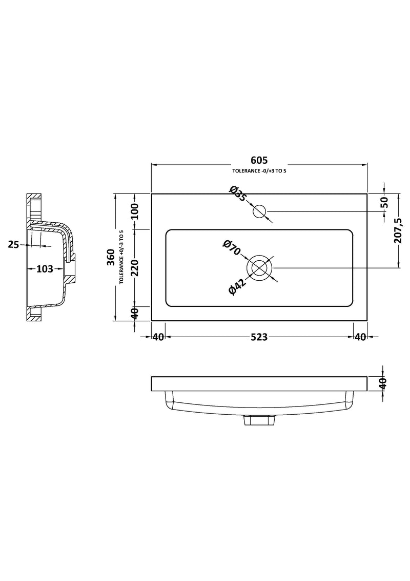 600mm Polymarble Basin Dimensions