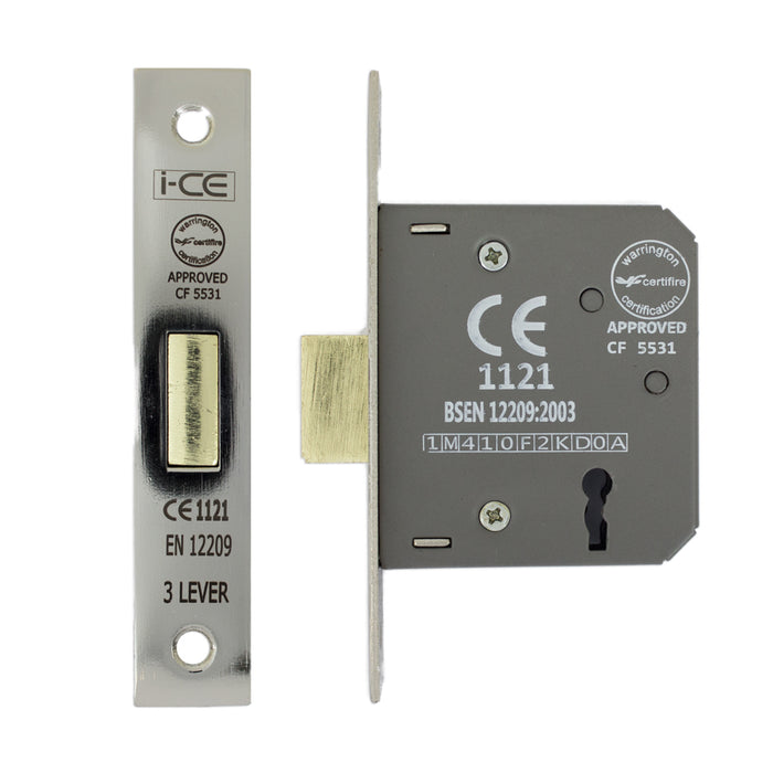 3 Lever Deadlock 63mm CE Rated Satin Nickel Plated